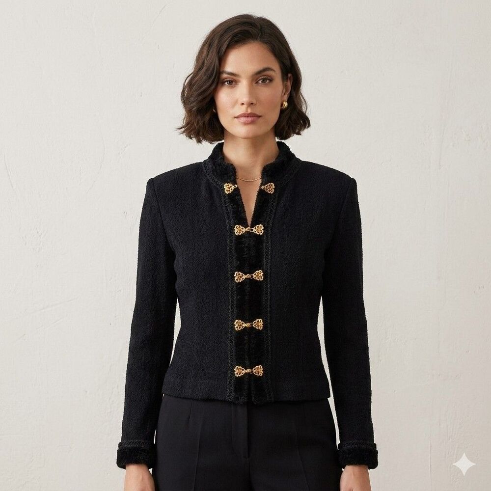 Vtg St John Marie Gray Chenille Boucle Cardigan Sweater Black Gold Zipper Knit 8
